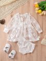 SHEIN Baby Girl Floral Embroidery Mesh Dress & Shorts Photography Set
