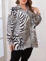 SHEIN CURVE+ Plus Size Leopard And Zebra Print Long Sleeve Shirt