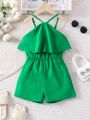 Young Girl Green Casual Adjustable Halter Jumpsuit With Ruffle Hem