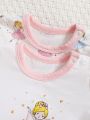 SHEIN Newborn Baby Girls' Butterfly Design Round Neck Short Sleeve Top And Footed Pants 4pcs/Set