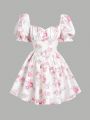 Teen Girl's Woven Floral Print Puff Sleeve Casual Dress With Waist Tie