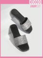 Cuccoo Everyday Collection Women Shoes Square Toe Flat Rhinestone Decor Black Outdoor Lightweight Slide Sandals
