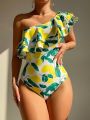 SHEIN SHEIN Swim Vcay Lemon Print Ruffle Trim One Shoulder One Piece Swimsuit
