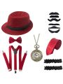 Men 1920s Accessories for Women Reverse Role Playing 1920s Mens Costume  Halloween 1920s Accessories for Men Roaring 20s with Pocket Watch/Fake Moustache/Fedora Hat for Men, Red