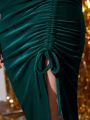 Teen Girl Drawstring Split Thigh Velvet Cami Dress