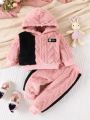 Baby Boy Autumn And Winter Two-color Plush Long-sleeved Hooded Sweatshirt Set