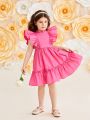 SHEIN Kids Nujoom Young Girl Loose Fit Casual Dress With Ruffle Trimmed Lotus Leaf Collar