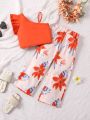 2pcs/Set Little Girls' Holiday Asymmetrical Neck Top With Floral Printed Wide Leg Pants