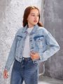 Teen Girls' Casual Fashionable Light Blue Washed Denim Jacket