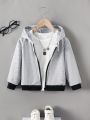SHEIN Kids EVRYDAY Boys' Casual College Style Hooded Zip-up Cardigan Jacket For Spring And Autumn