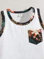 SHEIN Kids SUNSHNE Young Boy's Fashionable Tropical Plant Print Sleeveless Vest And Shorts For Casual Or Vacation Outfits