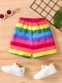 SHEIN Kids SUNSHNE Young Boys' Rainbow Striped Vacation Casual Shorts For Summer