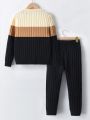 Boys' (Big) Contrast Color Round Neck Sweater And Sweatpants Set With Pits Pattern