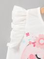 SHEIN Kids QTFun Young Girls' Round Neck Flying Sleeve Cute Animal Pattern Knit T-Shirt