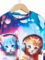 SHEIN Boys' Casual Cat Pattern Printed Round-neck Short Sleeve Top And Shorts Knitted 2pcs Outfit