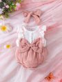 2pcs/Set Baby Girls' Pink & White Cute Bowknot Decor Jumpsuit With Matching Headband For Summer