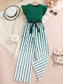 Teenage Girls' Solid Color Ruffle Detailed Top And Striped Wide-Leg Pants