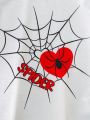 SHEIN Toddler Boys' Casual Love Heart & Spider Web Pattern Short Sleeve T-shirt