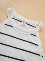 SHEIN Kids EVRYDAY Big Girls' Knit Black & White Stripe Sleeveless Dress With Top 2pcs/set