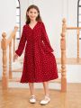 SHEIN Girls' Knitted Heart Pattern V-neck Loose Casual Dress, Mommy And Me Matching Outfits(2 Pieces Are Sold Separately)