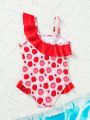 Baby Girl's Strawberry Print Asymmetrical Ruffle Swimsuit