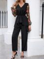 EMERY ROSE Floral Embroidered Mesh Lantern Sleeve Ruffle Sleeve Hem Top And Trousers Two-piece Set