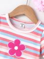 Cute Striped Casual Baby Girls' Floral Badge Top
