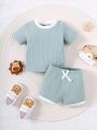 Baby Boy Summer Color-Block Short Sleeve Round Neck Top And Shorts Casual Set