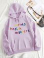 Plus Size Hooded Sweatshirt With Letter Print, Pockets And Drawstring