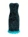Patchwork & Sequin Decor Women's Evening Party Dress With Spaghetti Straps