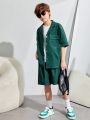 SHEIN Kids EVRYDAY 3pcs/Set Tween Boy'S Casual Loose Fit Short Sleeve Open-Front Shirt, Shorts, And Solid Color Vest Outfits