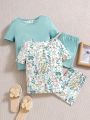 SHEIN Young Girls' Knitted Floral Print Fitted Top And Shorts Homewear Set, 2 Sets