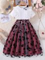 SHEIN Kids CHARMNG Girls' Lace Decorated T-Shirt And Floral Mesh Skirt 2pcs/Set