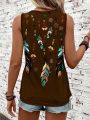 SHEIN LUNE Feather Printed Casual Tank Top With Round Neckline
