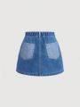 SHEIN Teen Girl's Asymmetrical Color Block Patchwork Denim Skirt