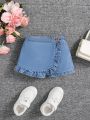 SHEIN Baby Girl's Cute Ruffle Trim Wrap Elastic Waist Comfortable Soft Denim Skorts