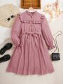 SHEIN Female Teenagers Woven Solid Corduroy Ruffle Sleeve Casual Dress With Belt