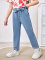 SHEIN Young Girls' Butterfly Knot Decor High Waist Water Washed Comfortable Soft Jeans
