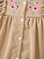 SHEIN Kids EVRYDAY Little Girls' Floral Embroidery Dress With Single Breasted Button And Ruffle Hem