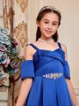 SHEIN Kids Nujoom Tween Girls' Intertwined Cute Off-Shoulder Mesh Patchwork See-Through Neckline Jewel Embellished Dress
