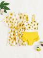 Baby Girl Sunflower Print Ruffle Trim Bikini Swimsuit With Kimono