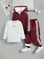 SHEIN Kids HYPEME Toddler Boys' Casual Knit Long Sleeve Top, Fluffy Hooded Cardigan, And Sweatpants Sports Suit