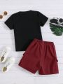 SHEIN Kids HYPEME Toddler Boys' Comfortable Color Block Round Neck T-Shirt And Shorts Set For Casual Wear