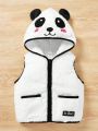 SHEIN Young Girl Contrast Binding Cartoon Embroidery 3D Ear Design Hooded Vest Jacket