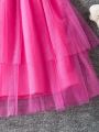 SHEIN Kids FANZEY Tween Girl Color Block Woven Ribbon Short Sleeve Dress With Mesh Hem