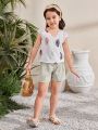 SHEIN Kids SUNSHNE Young Girl'S Feather Print Irregular Collar Loose Casual Blouse