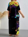 Women's Plus Size Ink Splatter Print V-neck Loose Casual T-shirt Dress