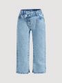 SHEIN Young Girls' Y2k Fashion Washed Straight Leg Jeans With Slit Hem
