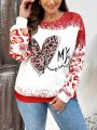 SHEIN LUNE Plus Size Leopard Print & Heart Patterned Round Neck Casual Sweatshirt