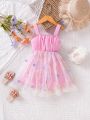 SHEIN Elegant And Romantic Baby Girl'S Gorgeous 3d Bow, Embroidery, And Mesh Romper, Perfect For Parties And Outings In Spring/Summer